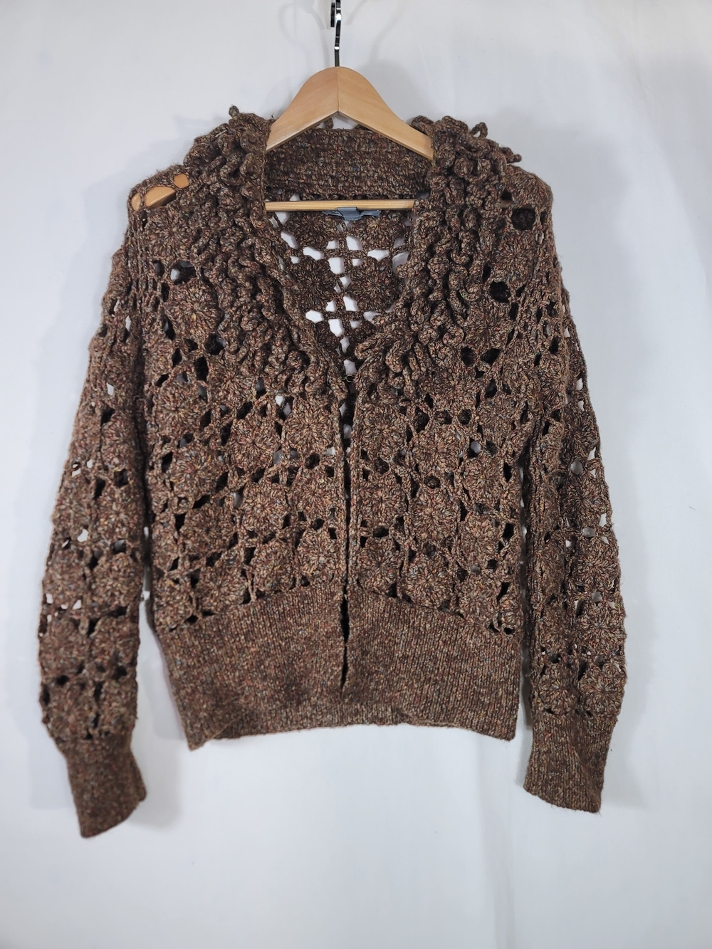 Josephine Chaus Brown wool blend Crochet Openwork Cardigan  Multicolor Flecks
